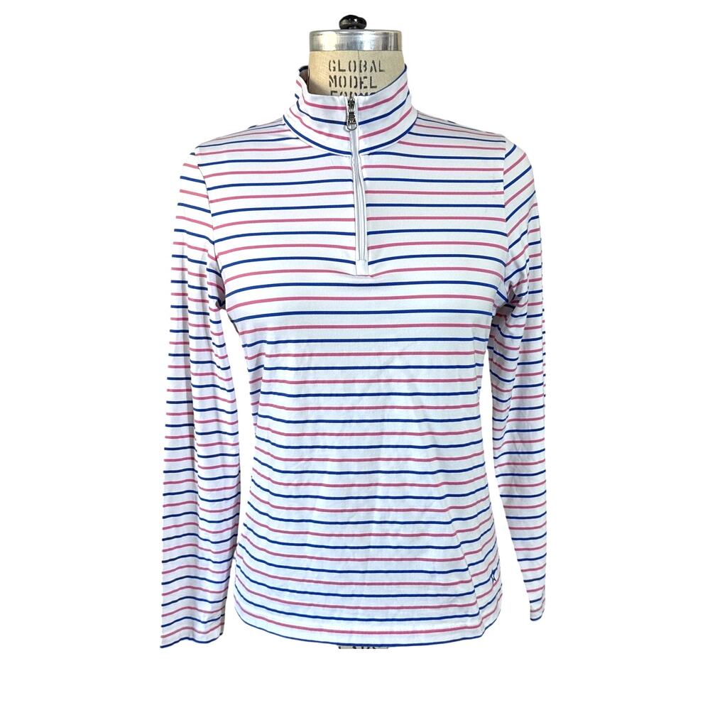 Lohla Sport Quarter Zip Golf Shirt in Pink Blue and White Stripe Size Large ]